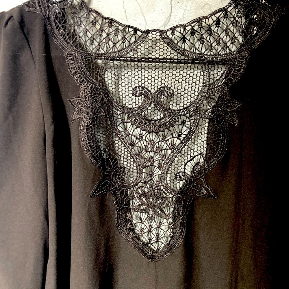 Black Sheer Lace-Detail Boho Tunic Top